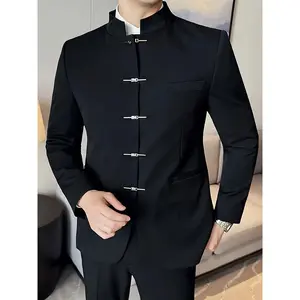 Men's Modern Mandarin Collar Suit Jacket - Traditional Chinese Tang Coat with Stand Collar, Single-Breasted Button Front, Polyester Blend with Elastane & Rayon, Slight Stretch Fabric, Regular Fit Long Sleeve for Spring/Fall, Solid Color Formal & Casual We