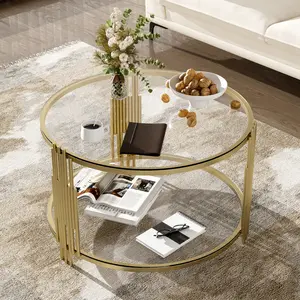 Round Shape Tempered Glass Coffee Table, 31.5 in 2-Tier Center Accent Table with Metal Drum Base & Lower Shelf, Modern Indoor Furniture for Small Living Room