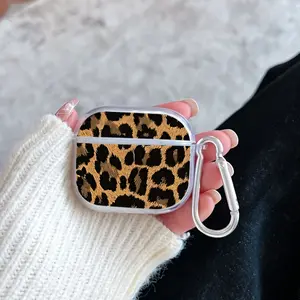 Leopard's Spotted Canvas Pattern Protective Case for AirPods 4/3/2/1/Pro/Pro2 Soft TPU Earphone Cover, Transparent with Keychain