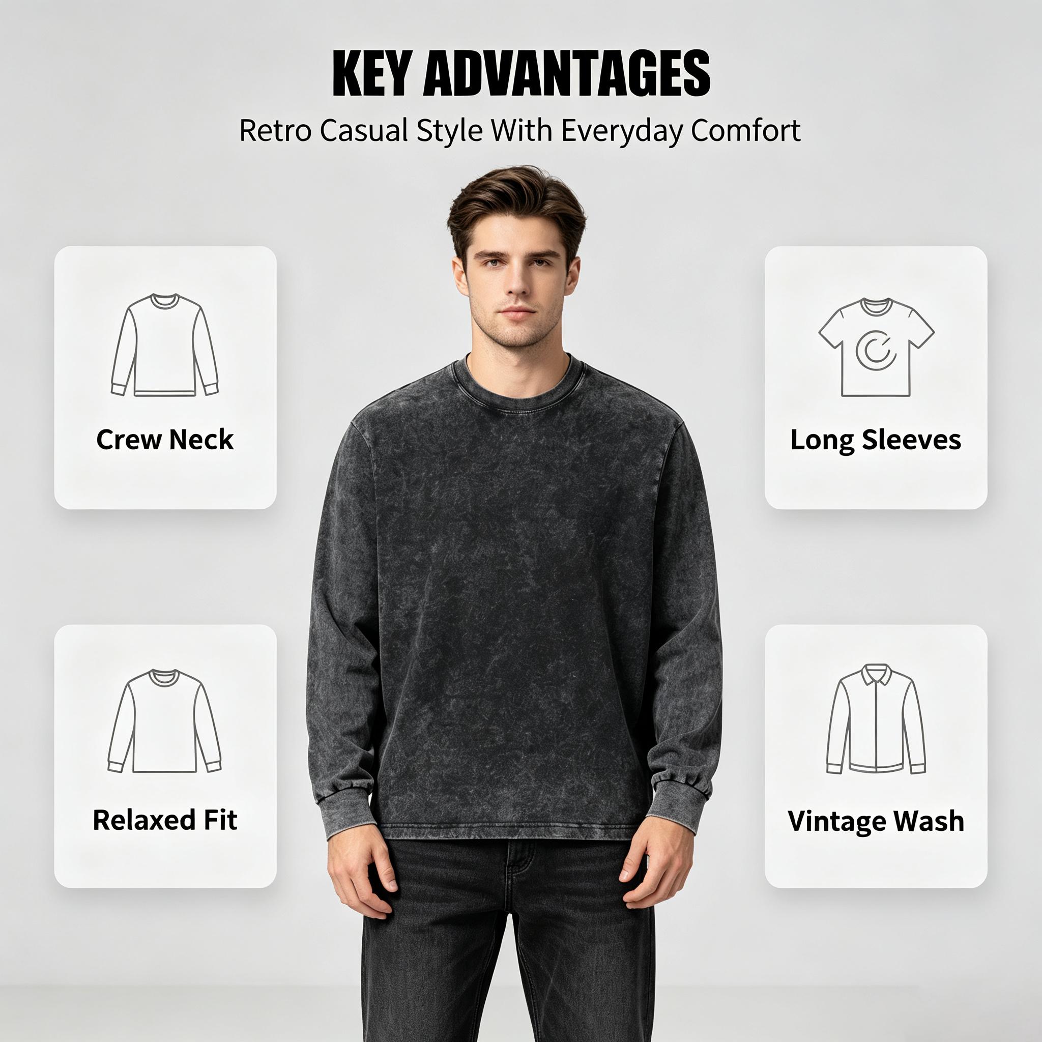 Men's 4-Pack Vintage Acid Wash Heavy Cotton Long Sleeve Tops - Distressed Look, Fitted Cut, Unisex Retro Crew Neck Shirts, Multi-Size Casual Commute Streetwear Tees Men's 4-Pack Vintage Acid Wash Heavy Cotton Long Sleeve Tops - Distressed Look, Fitted Cut, Unisex Retro Crew Neck Shirts, Multi-Size Casual Commute Streetwear Tees