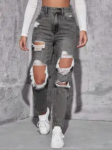 Women's Fashionable  Denim Jeans, Casual Comfy High Waist Ripped Jeans for Daily Wear, Ladies Bottoms for All Seasons