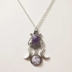 Triple Moon Goddess Amethyst Pendant Necklace - Unique Bohemian Ladies' Gift