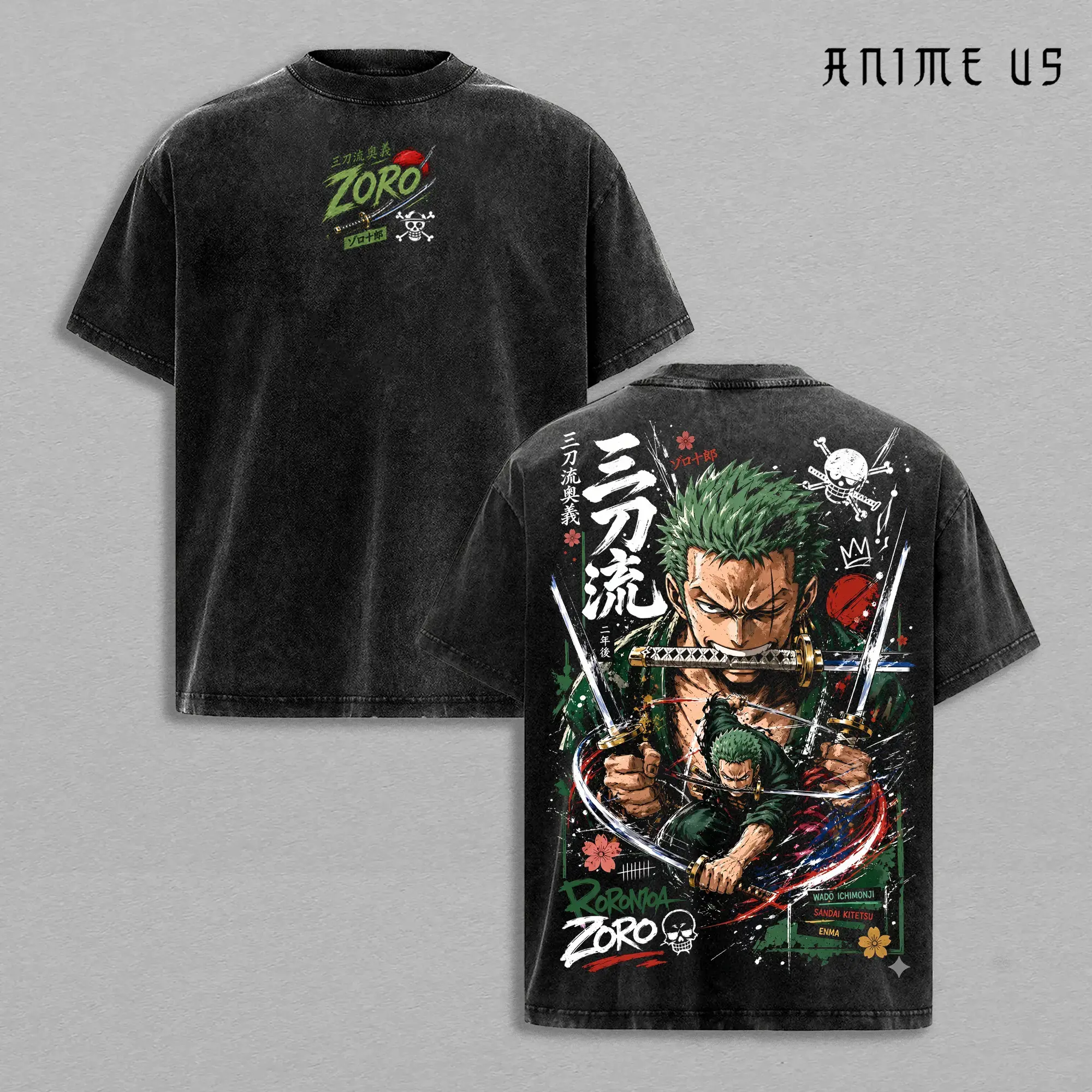 Roronoa Zoro Vintage Washed Tee, One Piece Three Sword Style Santoryu Anime Shirt, Zoro Wano Arc Swordsman Graphic Streetwear