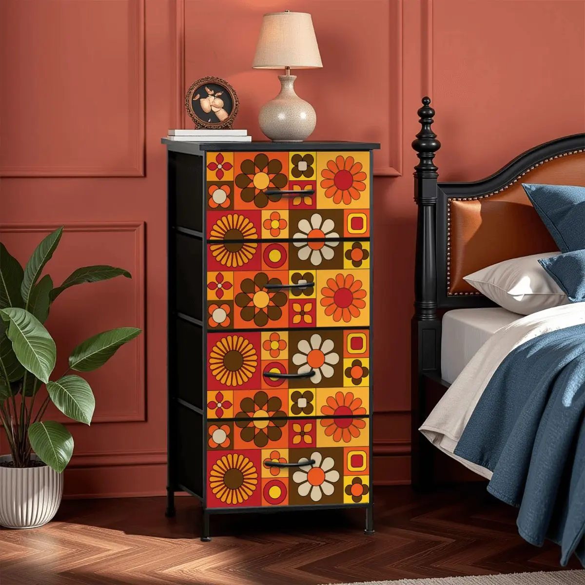 Retro 70s Mod Floral Orange Brown Yellow Mid Mod Hip 4-Drawer Dresser