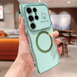 For Samsung Galaxy S26 Ultra Plus S25 S24 S23 S22, Soft Wave Frame Curly Shape Cute Love Heart Plating Phone Case, Compatible with MagSafe, Shockproof Magnetic Cover for Women Girls