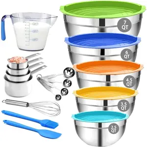 Mixing Bowls, Mixing Bowl Set with Lids, 22PCS Large Stainless Steel Mixing Bowls & 400ML Measuring Cups Spoons Storage Nesting Metal Baking Bowl 7/6/4.5/3.5/2.5QT for Kitchen Supplies