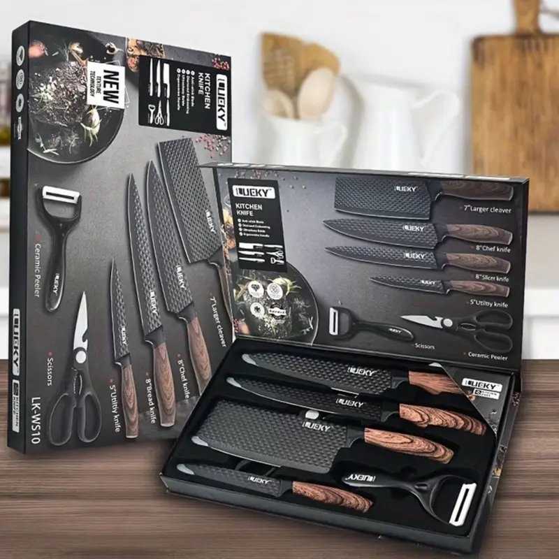 Professional 6 Kitchen Knife Set, Chef's Knife, Slicing Knife, Scraper And Scissors, High Carbon Stainless Steel Super Sharp, With Anti-stick Ergonomic Wooden Handle, Chef's Knife Set, Suitable For Family Travel, Gift Box Set