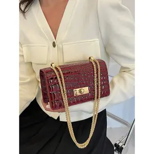 Women's Burgundy Faux Leather Crocodile Embossed Mini Chain Shoulder Bag, Fashionable Burgundy Bag , Red Bag