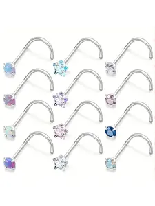 12 Pcs Stainless Steel Cz Nose Ring Set, 3mm Gemstone Piercing Jewelry, Punk Style Body Accessories for Men and Women, All Seasons Wear