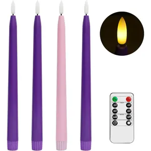 Flameless Advent Candles, Set of 4 - Flickering LED Flame, 11 Inch Taper Candlesticks, Remote Controlled, Purple and Pink for Christmas Wreath