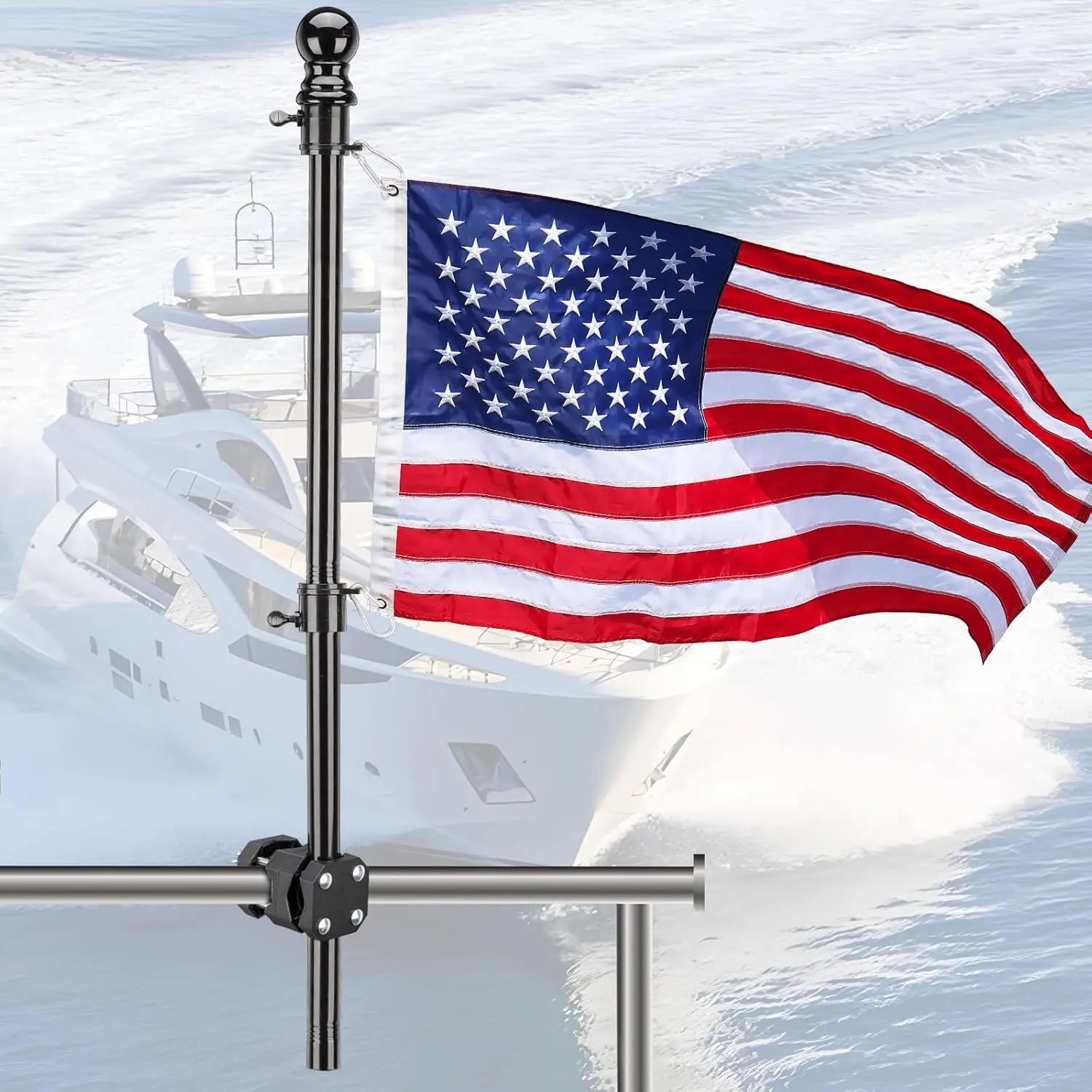 Boat Flag Pole Kit with American Flag, Adjustable Black Metal Flagpole with Railing Mount Holder & 360° Rotating Tangle-Free Rings for Pontoon, Yacht, Golf Cart & Outdoor Rails
