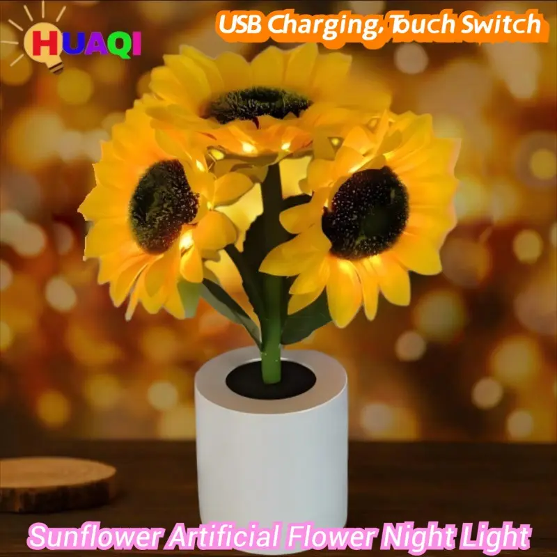Sunflower Simulation Flower USB Rechargeable LED Decorative Night Light, Modern Standing Light, Bedroom Bedside Decor Artificial Bouquet Atmosphere Lamp, Birthday Gift