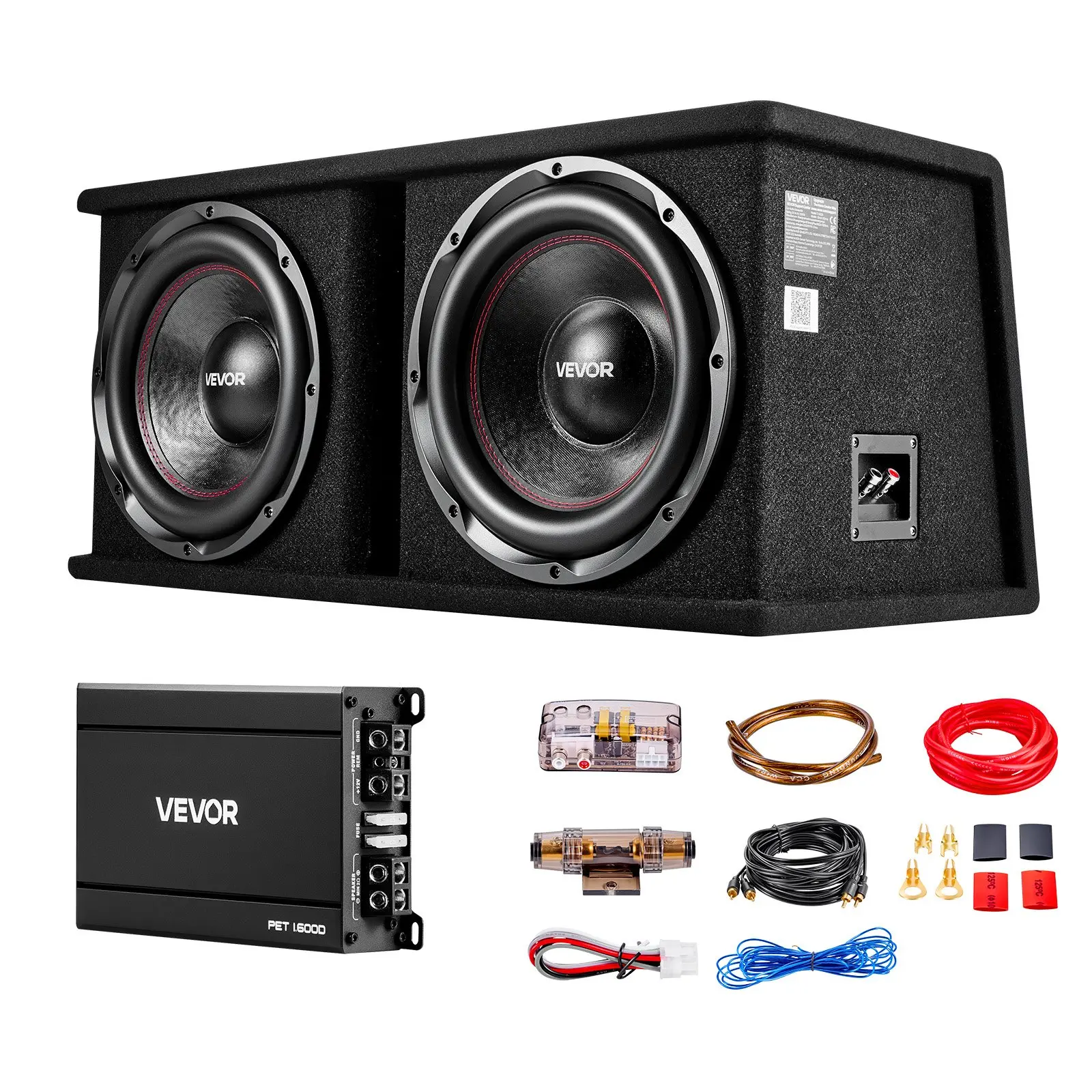 VEVOR 12-In Dual Car Audio Subwoofers Full Set - 1200W RMS Car Audio System with Amp, Loaded Enclosure, Separate Amplifier, Stereo Wiring Kit (RCA & Speaker Wire), Improved Heat Management, Large Voice Coils, Reduces Distortion, for DIY Users
