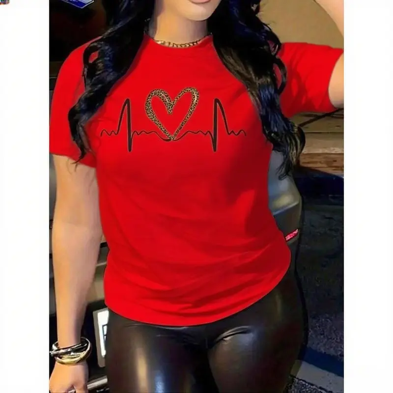 100% Cotton Women's Heart Heartbeat Print Round Neck Tee, Casual Short Sleeve T-Shirt for Summer, Ladies Clothes for Daily Wear Top Womenswear Basic Fabric
