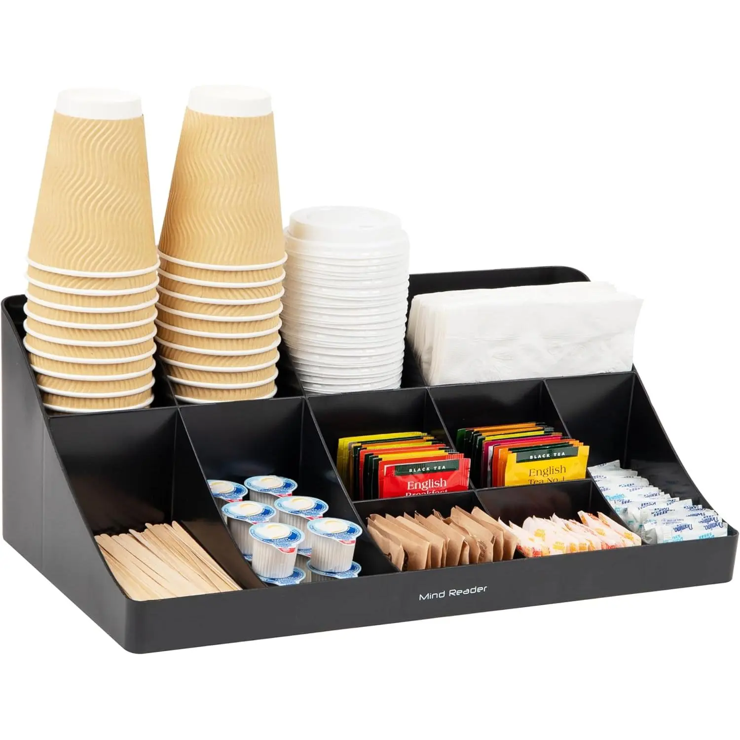 Modern Black Multi-Compartment Countertop Organizer - Cup & Condiment Station with Stirrers, for Coffee Bar & Kitchen Use, 17.875"L x 9.5"W x 6.625"H