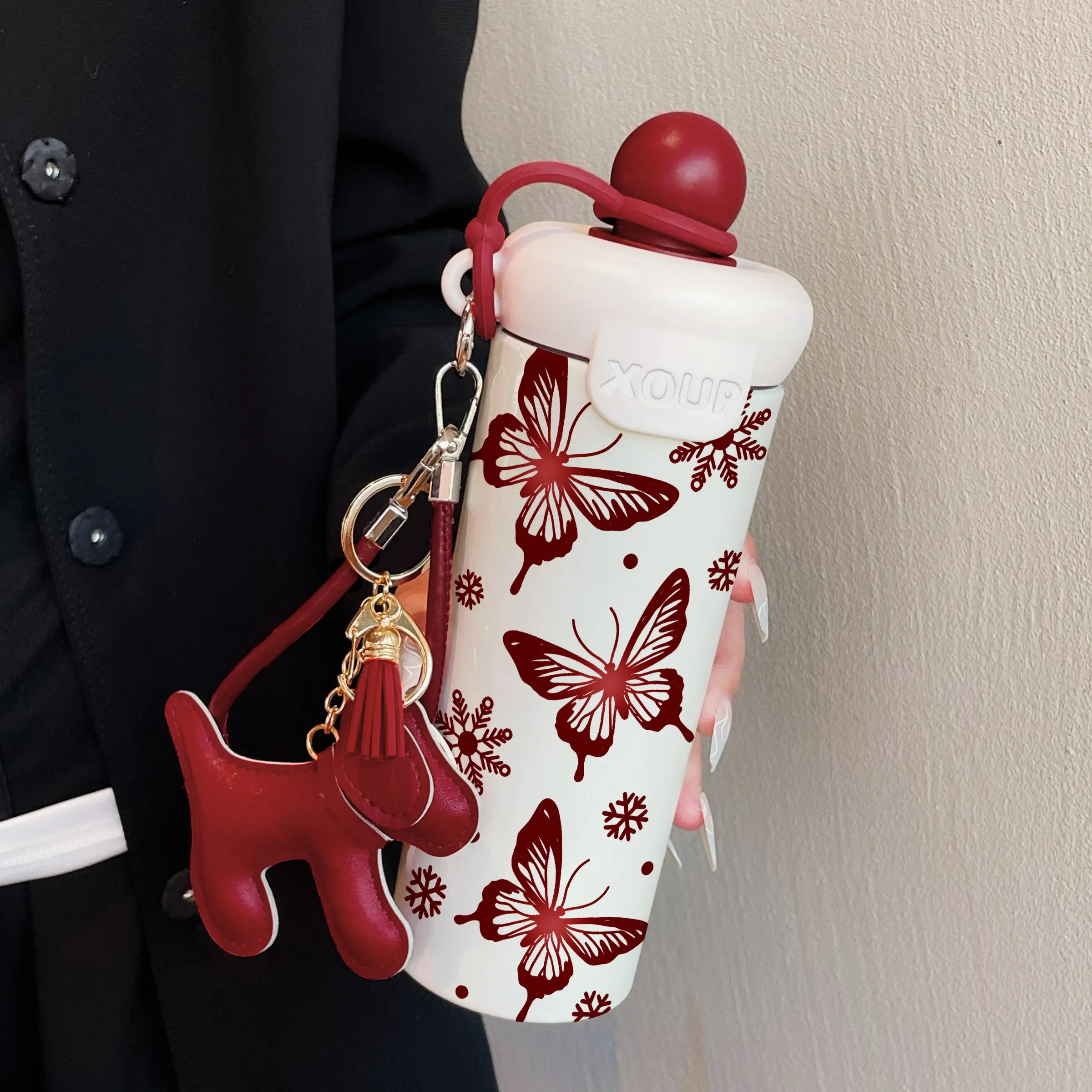 600ML Insulated Thermal Mug with Dog Lanyard, Gradient Butterfly Coffee Cup, Stylish Tumbler, Vacuum Flask, Stainless Steel 316, Portable Suitable for Outdoor Sports, Travel, Home Use, Drinkware, Bottles