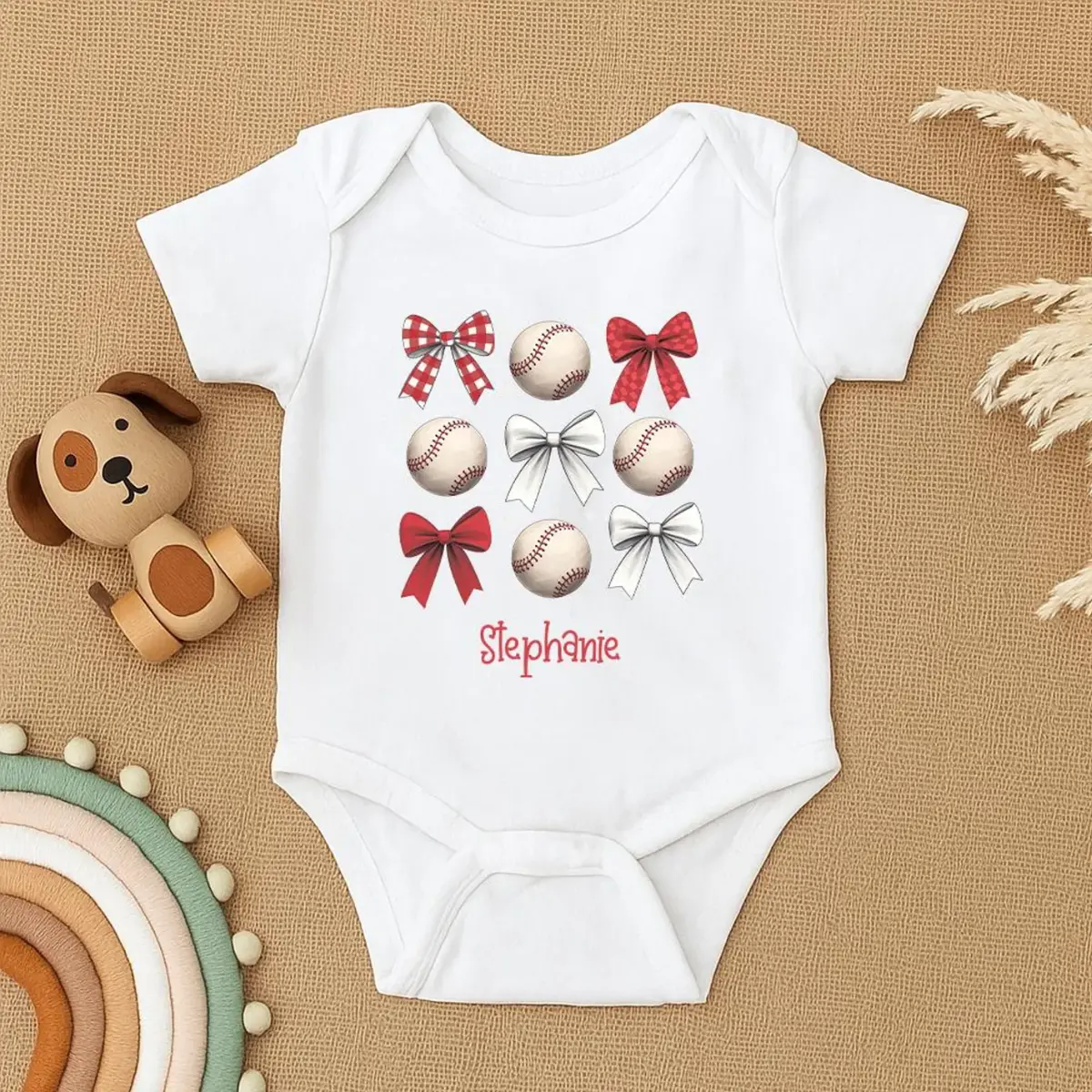 Baseball Bow Baby Bodysuit, Personalized Baby Girl Baseball Outfit, Custom Name Baby Shower Gift, Sports Baby Clothes, Softball Baby Romper