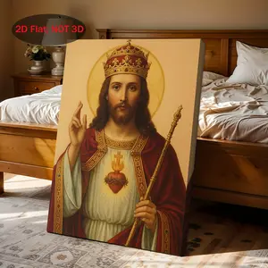 2D Flat Jesus Christ the King Byzantine Icon Painting - Vintage Religious Christian Wall Art, Gold Accents & Robe, Sacred Heart & Cross Symbolism, Catholic Church Home Decor, Gallery Wrapped Canvas, 1-Piece Catholic Gift, Vintage Religious Decorations