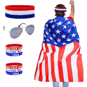 NEW American Flag Costume Cape,Retro 80's Patriotic Flag Outfits Sunglasses Headband Bracelets for 4th of July Independence Day Memorial Day Celebration Party Accessories for Men Women
