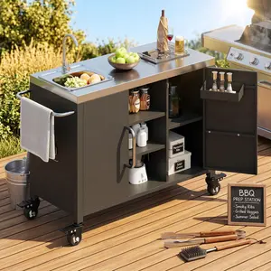 Eyisean 55.5" Outdoor Rolling Kitchen Island, 304 Stainless Steel Sink & Countertop, Heavy Duty Metal Prep Station, Portable Grill Cart with Storage Cabinet & 4 Lockable Wheels for Patio Backyard BBQ