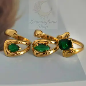 Loumaryluna Shop Anillo Verde Esmeralda Abierto Oro Laminado 18K / Ion Plating Real Gold Plated 18K Gold Solid Color 304 Stainless Steel Elegant Waterproof Non Tarnish Open Rings with Green Gemstone