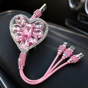 3-in-1 Heart Shaped Kitchen Utensil Car Charger Cable, Sparkling Rhinestone Decoration, Expandable Fast Charging Cord, Universal iPhone Android Type-C Compatible, Cute Women's Car Accessory Gift, Utensils