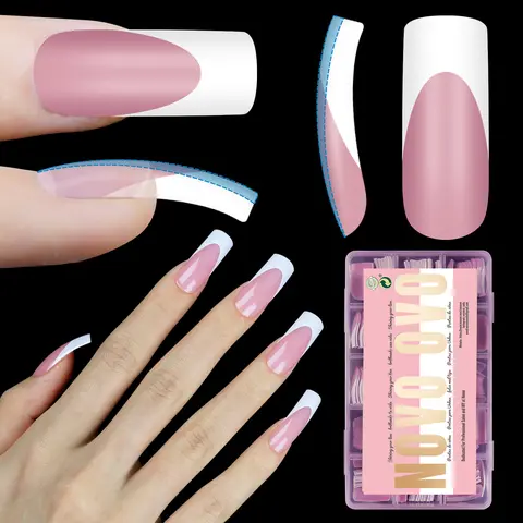 NOVO OVO Press On Nail Tips - Medium Length Natural Round Slightly Curved White French Tip Berry Pink Full Cover, Extra Thick M Soft Gel, 15 Sizes 240 Pcs, Requires UV Top Coat, No Glue/Light/Builder Gel Included