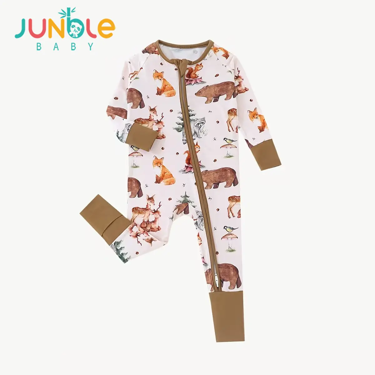 JUNBLEBABY Snug Fitting Unisex Baby Romper, Premium Soft Bamboo Woodland Animals Fox Bear Deer Print Pajamas, Long Sleeve with Convertible Footies & 2-Way Zipper, Sleepwear Outfit