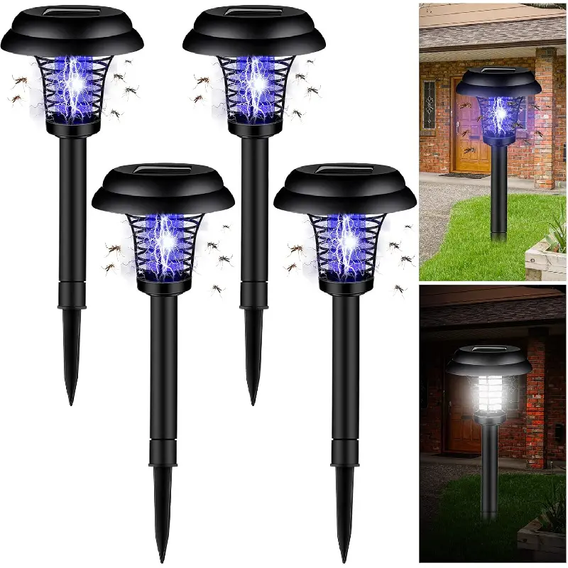 4 Pack Solar Powered Waterproof Bug Zapper Lamp, Purple & White LED Light Insect Repellent Killer Trap for Fly Moth Gnat, Weatherproof Plastic Pest Control Light, Indoor Outdoor Decor Light for Garden Patio Yard Lawn Black