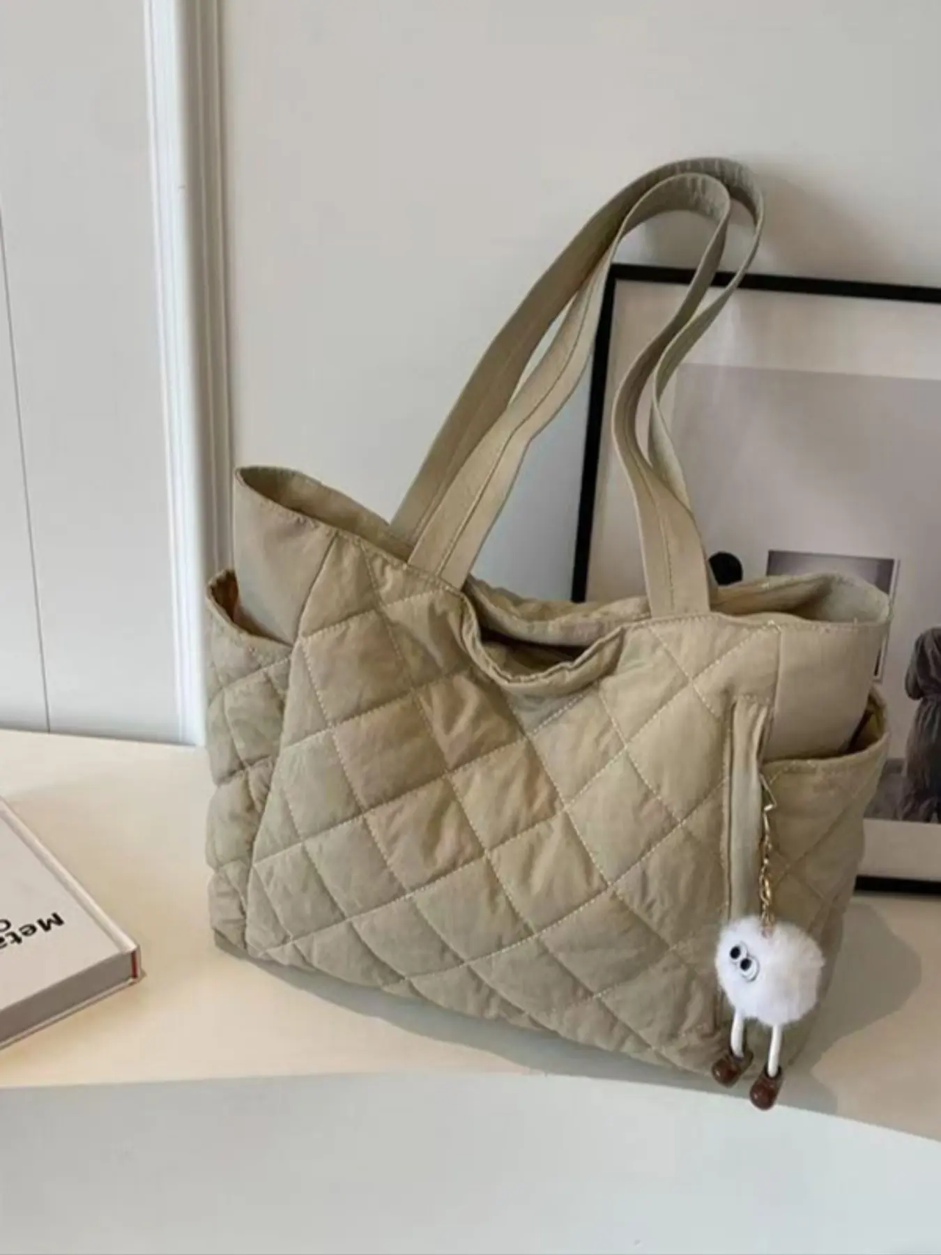 Plaid Shoulder Bag Lightweight Tot Bag with Hanging Accessory, Casual Plain Design, All-Seasons Use
