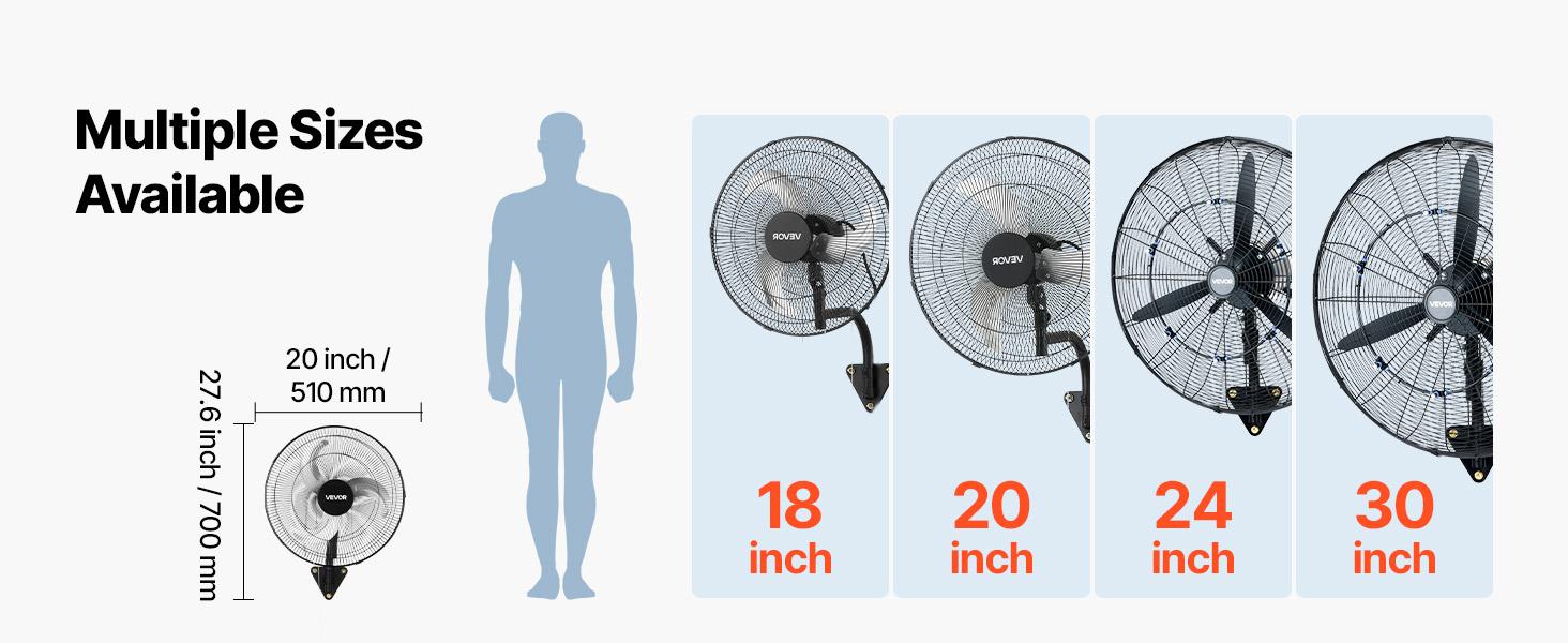 VEVOR 2-Pack 18 in Wall Mount Fans, Oscillating Wall-Mounted Cooling Fans with 3 Speeds, Long Airflow Distance, Adjustable Rotation Angle, Mechanical Powerful for Garage, Workshop, Cooling Fan