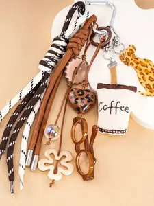 Leopard Print Coffee Rope Bag Pendants, Striped Braided Bag Chain Charms, Multi-Charm Bag Charm Pendants, Vintage Aesthetic Bag Decoration Keychain, Casual Bag Pendant for Tote & Backpack, Perfect for Retro & Coffee-Loving Trendsetters, Fashion Bag Charms