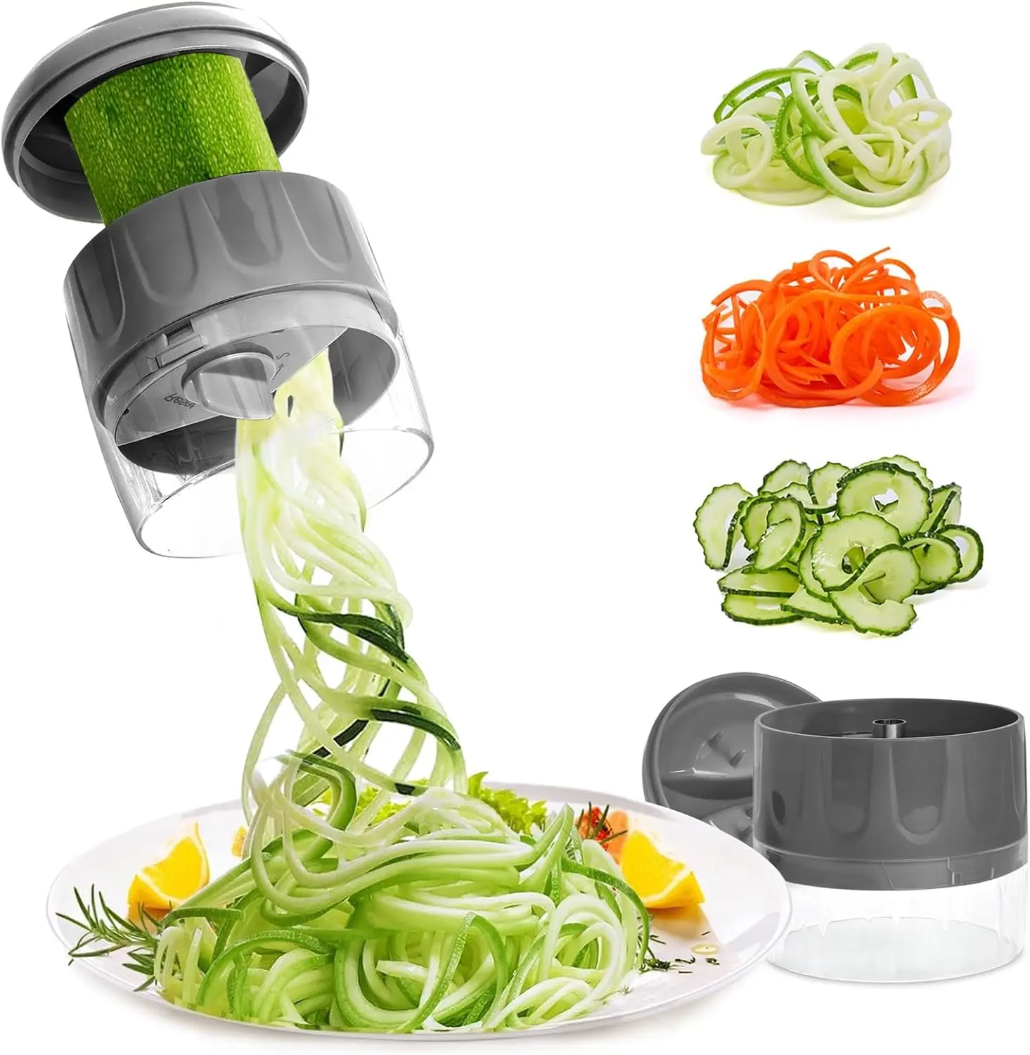 3-in-1 Vegetable Spiralizer Slicer, Adjustable Mandoline Spiral Cutter for Zucchini Noodles, Carrots, Cucumber (Grey)