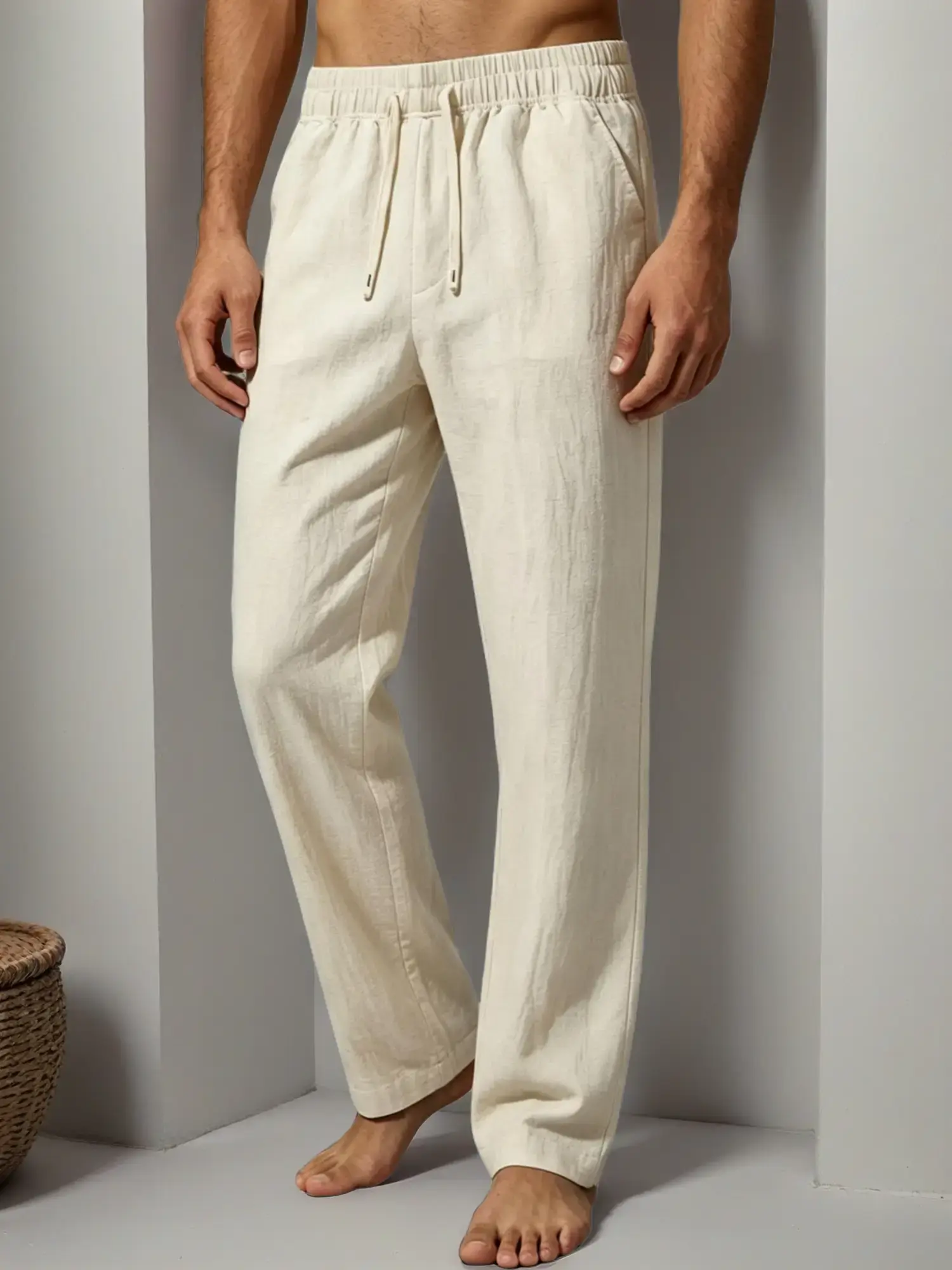 Target Audience: Men | Special Material: Natural cotton-linen blend | Fit & Details: Elastic drawstring waist + straight loose fit + side seam pockets | Length: Full-length pants | Style: Minimal casual / relaxed vacation style / comfortable and soft | Ca