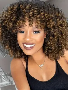 Afro Curly Wig with Bangs, Short Kinky Curly Wig for Women, Ombre Blonde Synthetic, Shoulder Length, Glueless, All Seasons, Afro Kinky Wigs