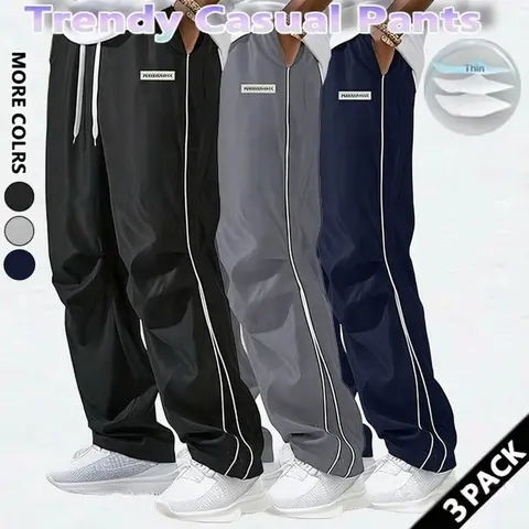 Loose Men's Track Pants 3-Pack - Casual Athleisure Workout Trousers, 100% Polyester, Grey Side Stripes with Gold Accent, Baggy Sweatpants for Gym & Everyday Comfort, Machine Washable