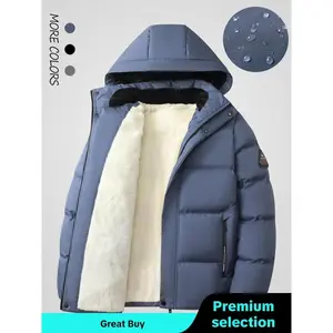 2025Men's Solid Color Patched Zip Up Longsleeves Hooded Winter Coat Jackets, Regular Fit Casual Long Sleeve Waterproof Warm Jacket for Winter, Men's Clothes Daily Wear