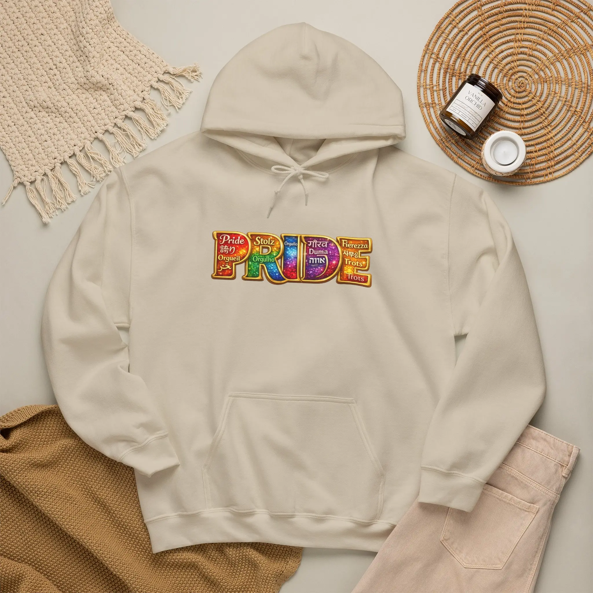 Men's Rainbow PRIDE Typography Hoodie, LGBTQ+ Casual Tops with Kangaroo Pocket, Printed Fabric Sweatshirt, Prints, Knit