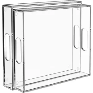 2 Pack Serving Tray with Handles Clear Acrylic Tray for Serving Food Large Outdoor Food Trays for Eating Lucite Acrylic Trays for Appetizer Pizza Fruit and Drinks Unbreakable 16"×12"