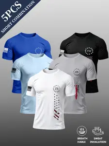 Summer Fashion Men's T-Shirt 5-Pack, Casual Fitted Long Sleeve, Usa Flag Print, Soft Round Neck, Multi-Color, Essential for Outdoors