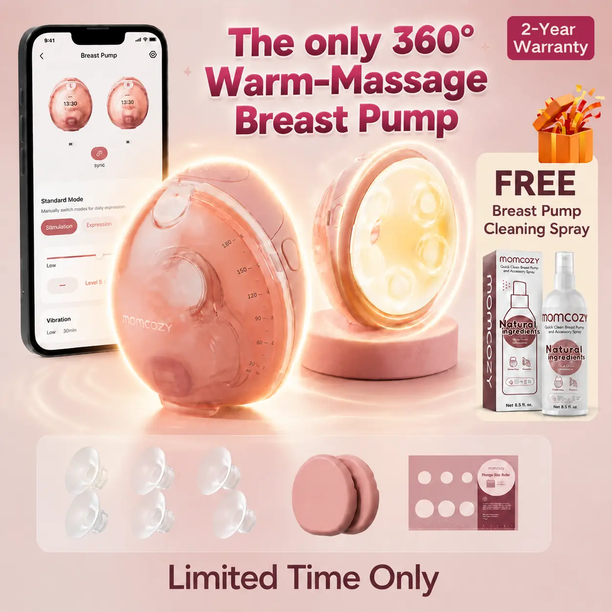 Momcozy Wellness 1 Wearable Breast Pump, Warm-Massage Hands-Free Pump with Heated Flange&Simulated Massage for Comfortable Breastfeeding&Let-Down, App-Controlled, 4 Modes 12 Levels, 180ml/6oz Milk Machine