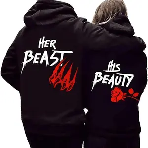 Her Beast His Beauty Couple T-Shirt Hoodie Matching Outfits For Couples Valentine Day Gifts Anniversary Shirts Trending Made In USA For Women For Men [SaffronSequin 180G/230G 100% cotton short-sleeve/hoodie, soft and comfortable]