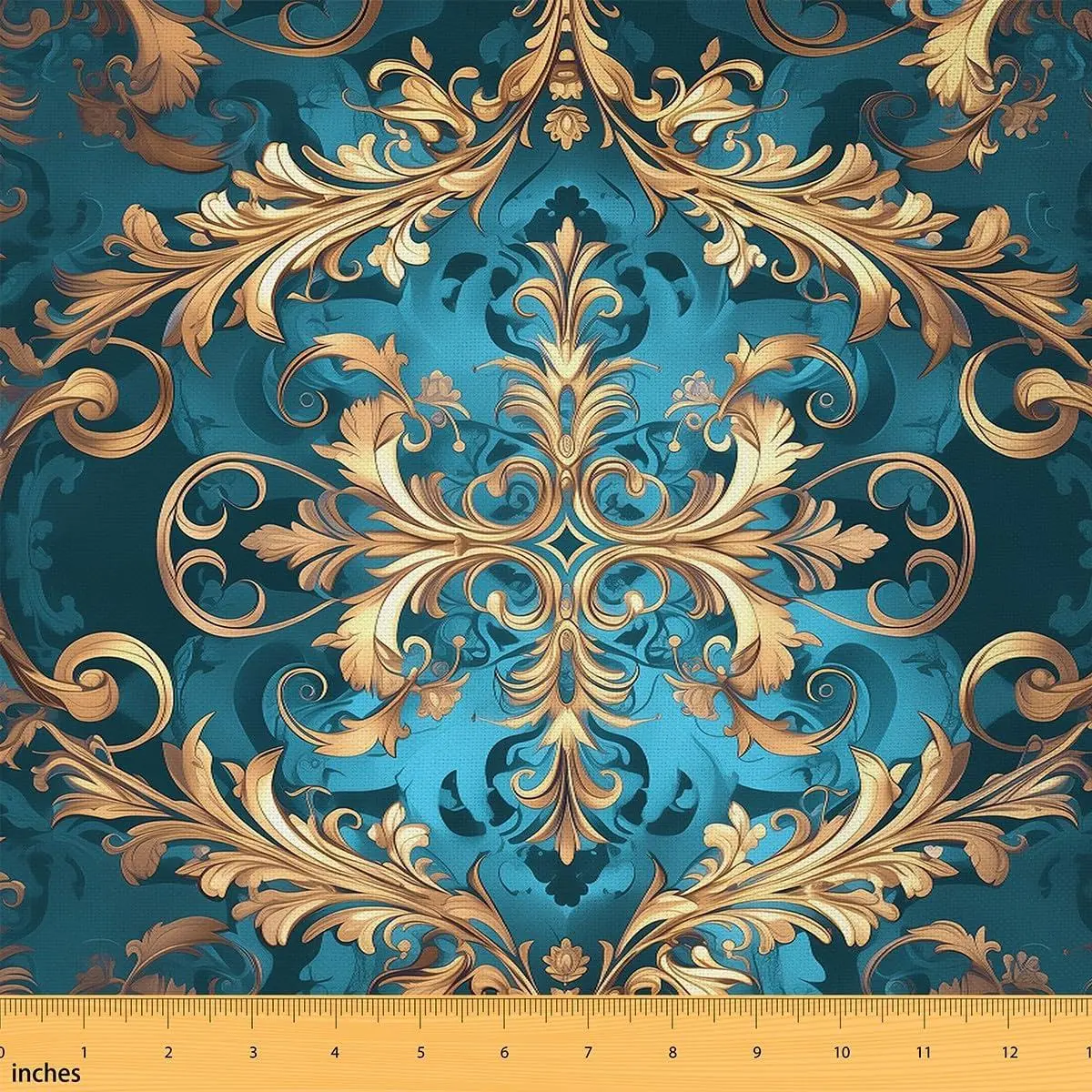 Damask Flannel Fabric - Flowers Vintage Fashion Upholstery,Aztec Bohemian Indoor Not Stretchy,Victorian Baroque Decorative - Golden Blue