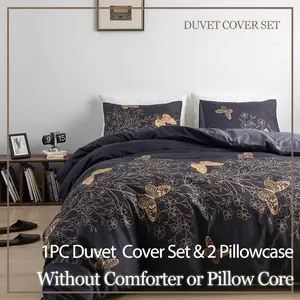 3-Piece Polyester Fiber Gold Butterfly Print Bedding Set, Soft Microfiber, Anti-Shrinkage, Easy Care, Queen/king Size, All-Season Decor, Soft Bedding Sets, Duvet Set