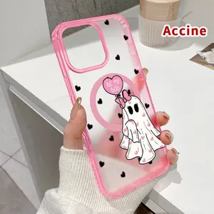Magnetic Phone Case Supports Wireless Charging for iPhone 16 Pro Max 15 Plus 14 13 12 11 XR XS E Ghostly Sweetheart Pattern Silicone Shockproof Transparent  Drop Protective Cover