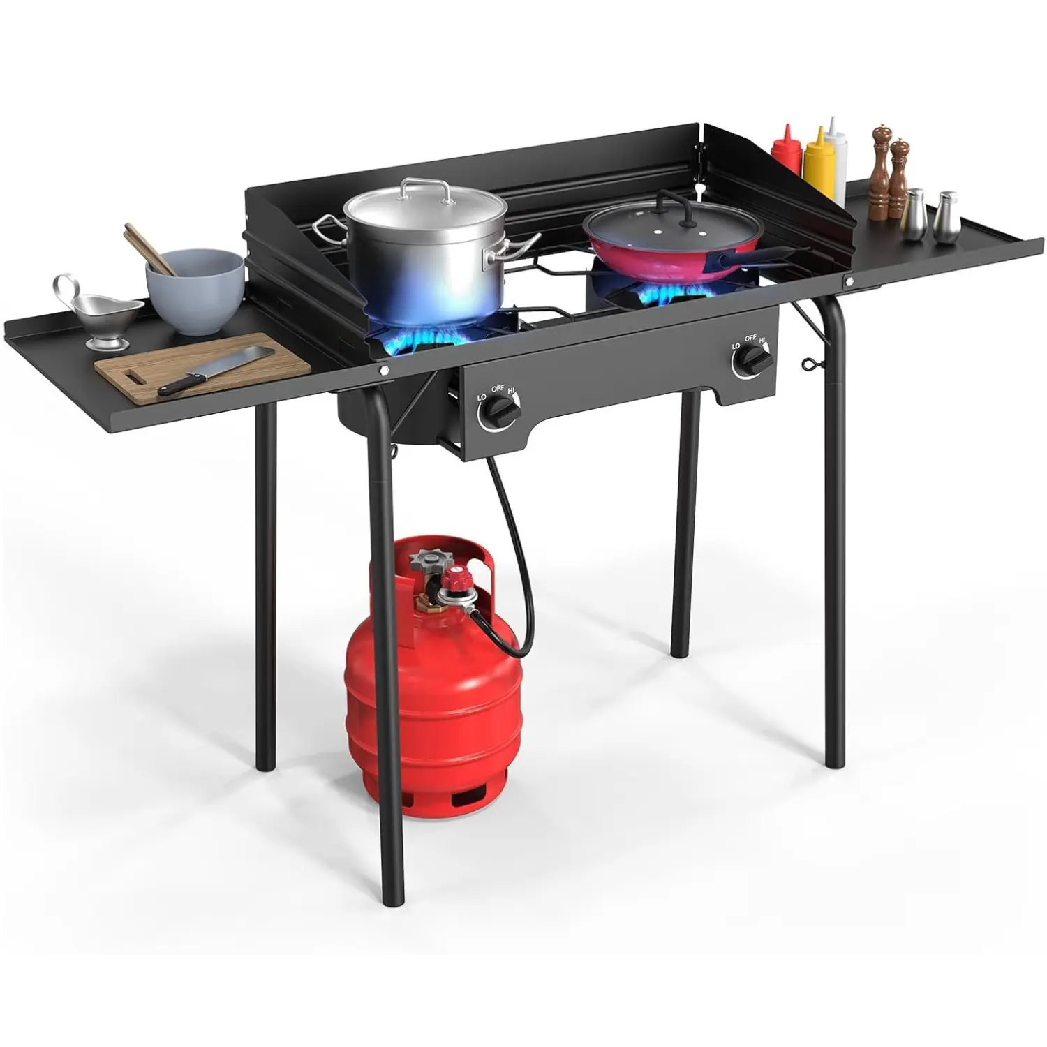2-Burner/3-Burner 150000 BTU Propane Gas Stove - Cast Iron Portable Kitchen Outdoor Cooking Equipment, Adjustable Height, Foldable Side Shelves, CSA-Certified Regulator, Carry Bag, Built for Camping, Tailgates, BBQs, Tailgating, Easy And Safe Temperature,