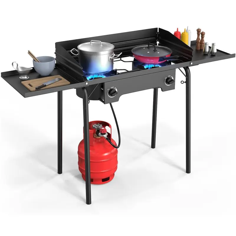 Karlhome 2/3-Burner 150000 BTU Cast Iron Propane Gas Stove - Outdoor Camp Kitchen Station, Adjustable Height Portable Detachable Legs, Foldable Shelf, CSA-Certified Regulator, Carry-Bag, Intense Heat, Universal Cookware Compatibility