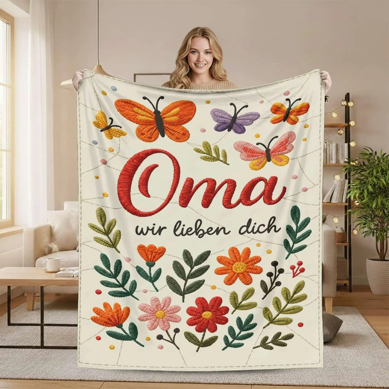German "Oma Wir Lieben Dich" Flannel Blanket - Cuddly, Cute Design Butterfly Print Throw, Colorful Afghan Decorative Romance Gift for Grandmother, Birthday or Christmas Present, Butterfly Print Blankets, Colorful Afghan Blankets