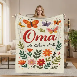 German "Oma Wir Lieben Dich" Flannel Blanket - Cuddly, Cute Design Butterfly Print Throw, Colorful Afghan Decorative Romance Gift for Grandmother, Birthday or Christmas Present, Butterfly Print Blankets, Colorful Afghan Blankets