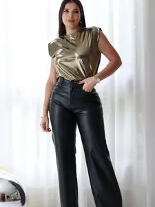 Women's Lightweight PU Elastic Leather Pants, Basic High Waist Wide Leg, Butt Lifting, Breathable and Wrinkle Resistant, Business Casual Party Jeans